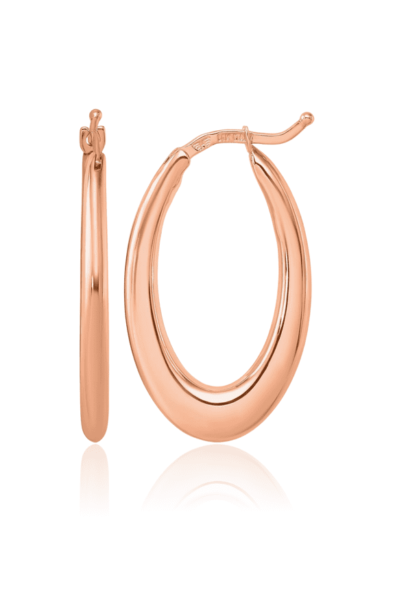 14K Rose Gold Medium Oval Hoop Earrings - 27mm 1.1 inch - Lightweight, Snap Back, Polished Women's