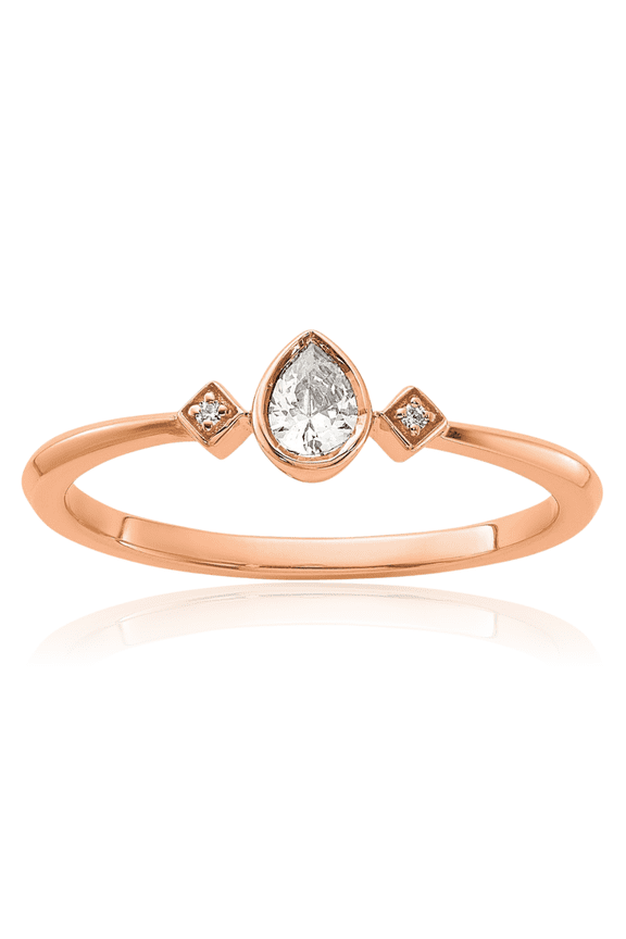 14K Solid Rose Gold 0.13 carat Diamond Three Stone Stackable Promise Ring - 1mm Slim Band - Pear Cut, Natural, Bezel Set Women's