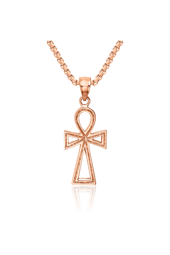 14K Solid Rose Pink Gold Egyptian Ankh Holy Cross Symbol of Life Ancient Necklace Religious Chain Pendant Charm
