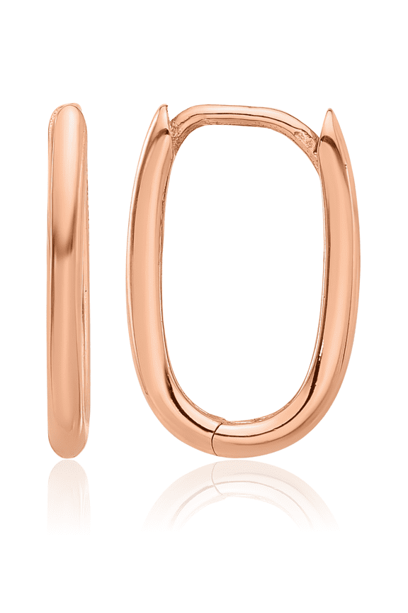 14K Solid Rose Pink Gold Oval Huggie Small Hoop Earrings
