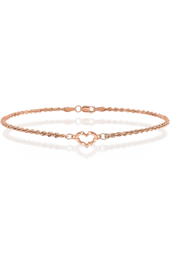 14K Solid Rose Pink Gold Rope Chain Heart Anklet Summer Beach Foot Ankle Bracelet