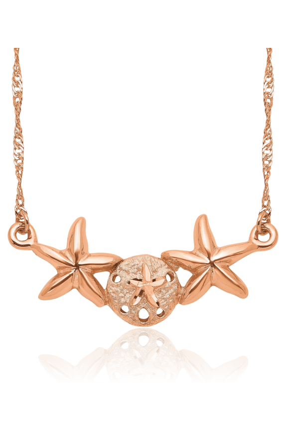 14K Solid Rose Pink Gold Sand Dollar Sea Star Starfish Chain Necklace
