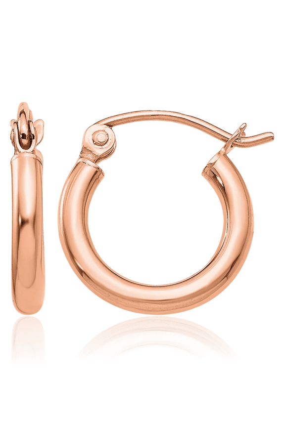 14K Solid Rose Gold Small Round Huggie Hoop Earrings - 13mm 1/2 inch - Snap Back, Polished Women's