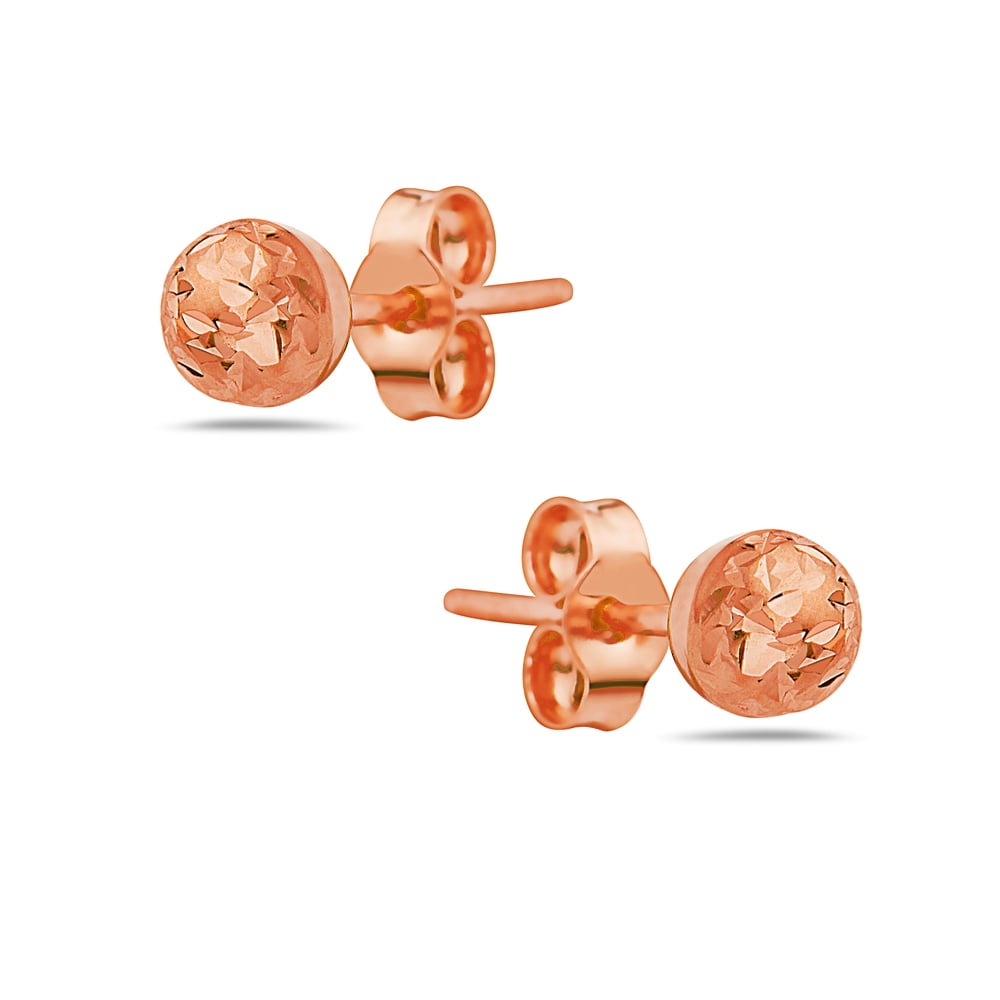 14K Solid Rose gold diamond cut ball stud earrings