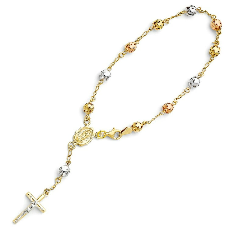 14K Solid Tri Color Gold 5mm Puff Ball Virgin Guadalupe Rosary 7.25