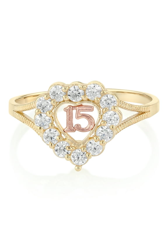 14K Solid Tri Color Gold Sweet 15 Anos 15 Years Birthday Quinceanera CZ Heart Cut Ring - size 8.5