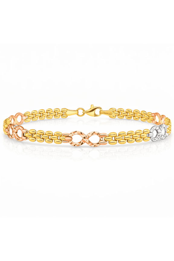 14K Solid Tri Color Pink White Yellow Gold Infinity Twisted Love Knot Symbol Chain Bracelet