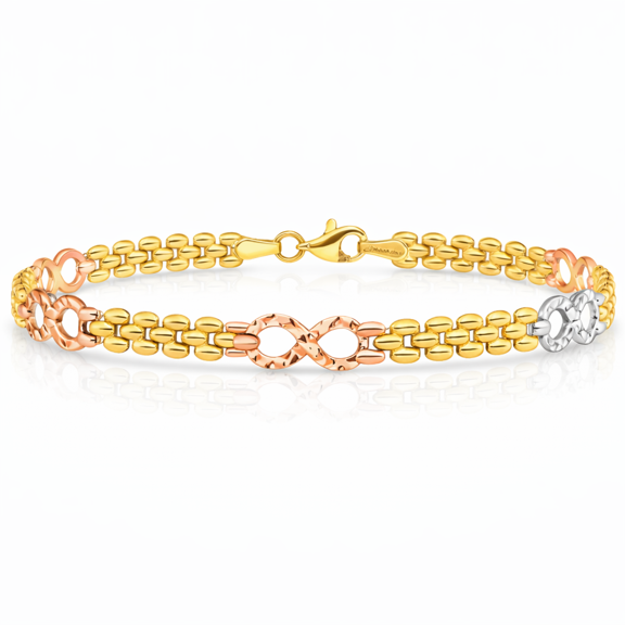 14K Solid Tri Color Pink White Yellow Gold Infinity Twisted Love Knot Symbol Chain Bracelet