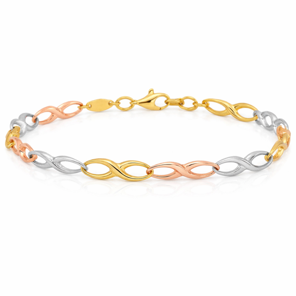14K Solid Tri Color Pink White Yellow Gold Infinity Twisted Love Knot Symbol Link Chain Charm Bracelet