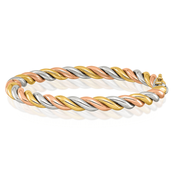 14K Solid Tri Color Pink White Yellow Gold Twisted 6.3mm Hinged Bangle Bracelet