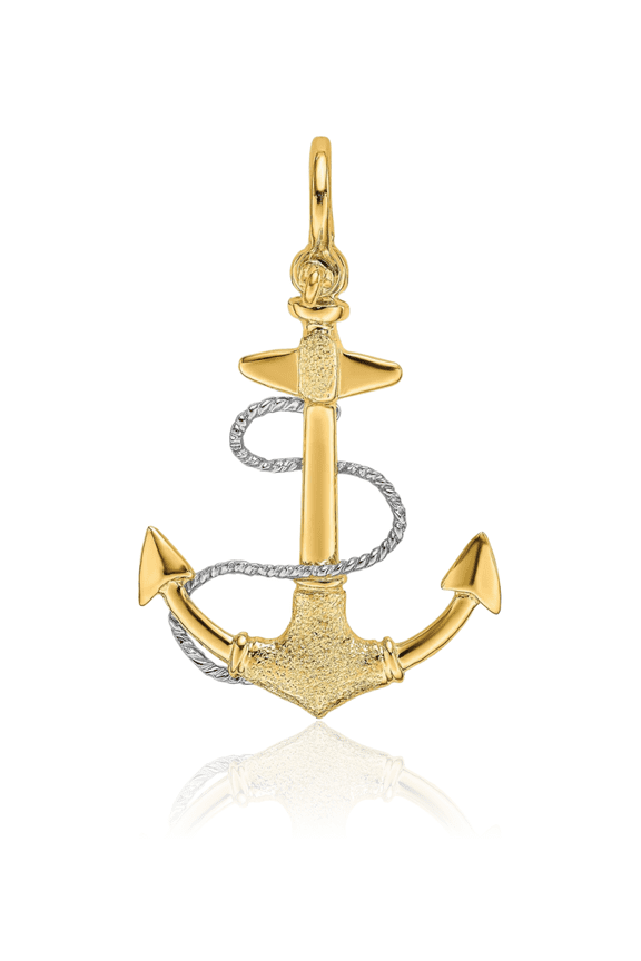 14K Solid Two Tone Gold Extra Large Anchor Mariner Rope Shackle Pendant Necklace - 43.4mm 1-3/4 inch - 3d Sculpted, Polished Women's