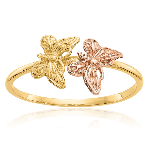14K Solid Two Tone Gold Butterfly Wings Statement Ring