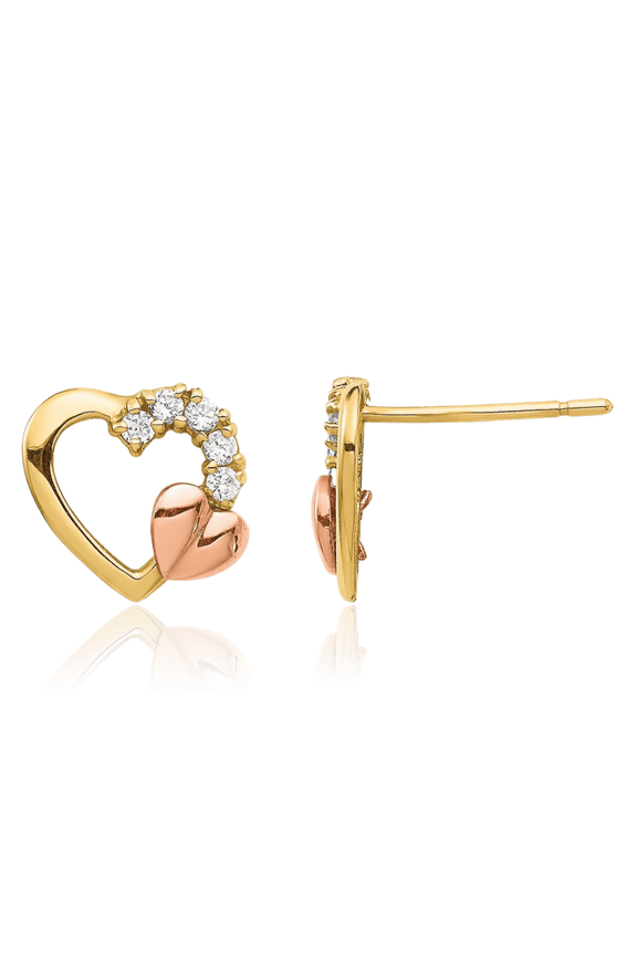 14K Solid Two Tone Gold Cubic Zirconia CZ Heart Stud Earrings