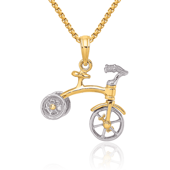 14K Solid Two Tone Gold Dangling Tricycle Handlebars Wheels Necklace Chain Pendant Charm
