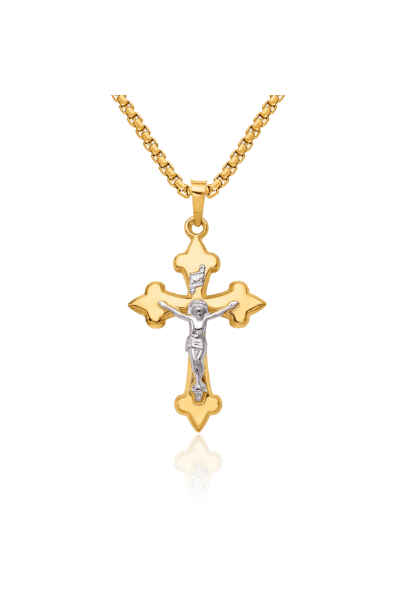 14K Solid Two Tone Gold French Fleur De Lis Lily Flower Inri Lord Jesus Christ Crucifix Holy Cross Necklace Religious Chain Pendant Charm