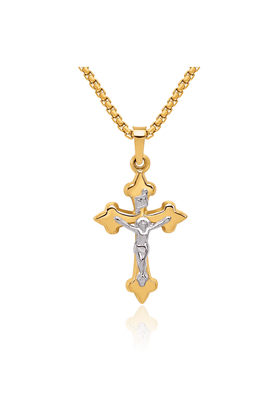 14K Solid Two Tone Gold French Fleur De Lis Lily Flower Inri Lord Jesus Christ Crucifix Holy Cross Necklace Religious Chain Pendant Charm