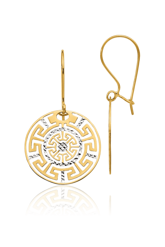 14K Solid Two Tone Gold Greek Key Drop Dangle Earrings