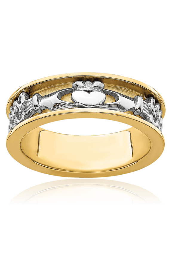 14K Solid Two Tone Gold 6.7mm Wide Heart Celtic Claddagh Wedding Band Ring - Polished Men's