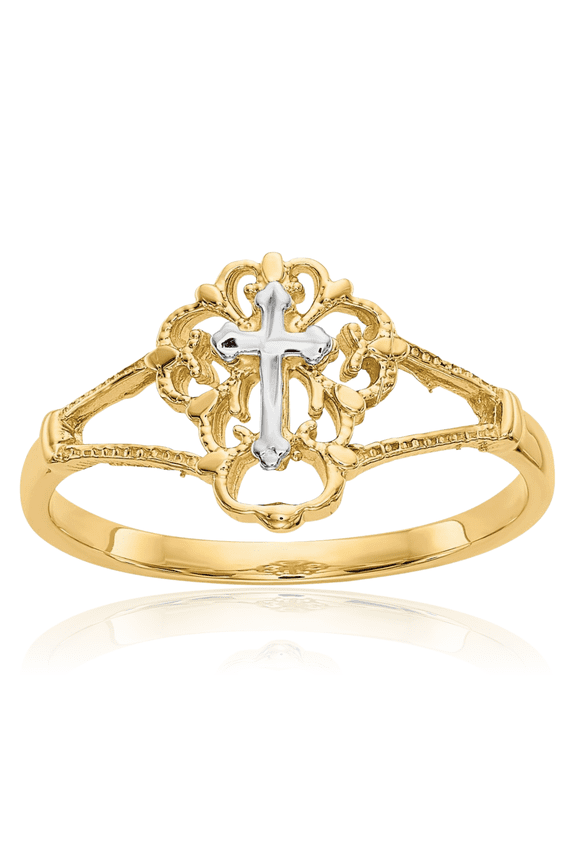14K Solid Two Tone Gold Holy Cross Ring Christian Religious Band