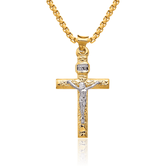 14K Solid Two Tone Gold Inri Lord Jesus Christ Crucifix Holy Cross Necklace Religious Chain Pendant Charm with chain 18inch