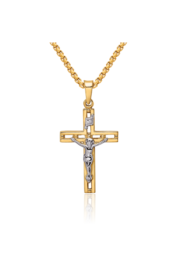 14K Solid Two Tone Gold Inri Lord Jesus Christ Crucifix Holy Cross Necklace Religious Chain Pendant Charm