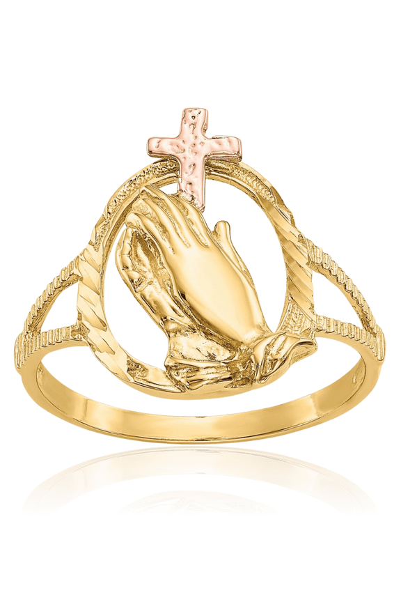 14K Solid Two Tone Gold Jesus Christ Praying Hands Lord Serenity Prayer Holy Cross Ring Christian Religious Band