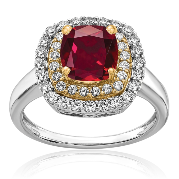 14K Solid Two Tone Gold Lab Diamond Red Ruby Ring July Birthstone Jewelry