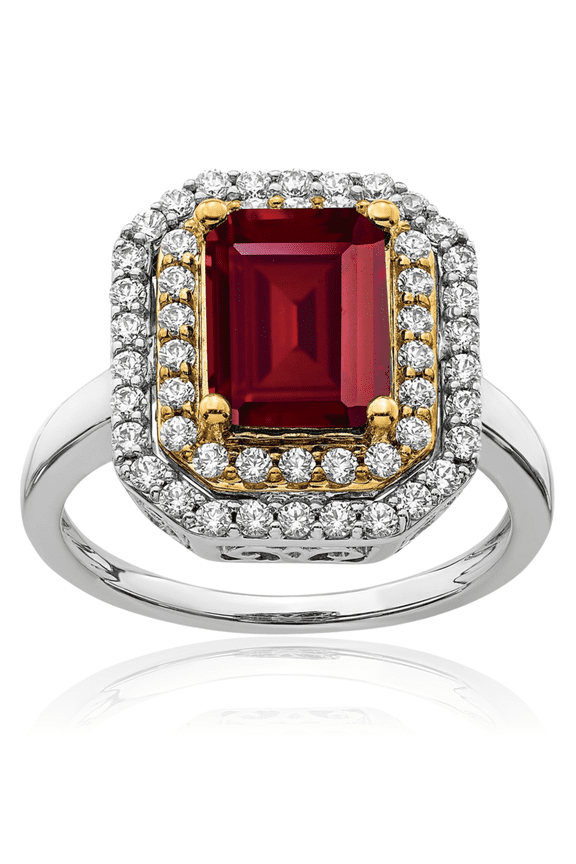 14K Solid Two Tone Gold Lab Diamond Red Ruby Ring July Birthstone Jewelry
