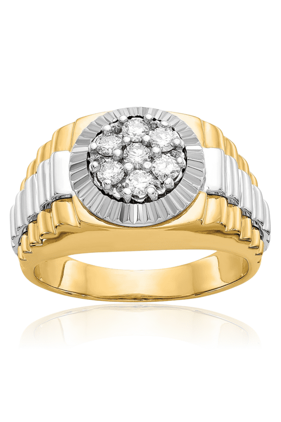 14K Solid Two Tone Gold 0.49 carat Diamond Ridged Statement Signet Ring - Round Cut, Natural, Prong Set