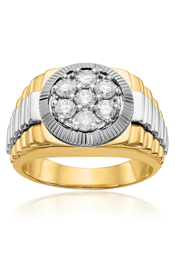14K Solid Two Tone Gold 0.99 carat Diamond Ridged Statement Fashion Ring - Round Cut, Natural, Prong Set