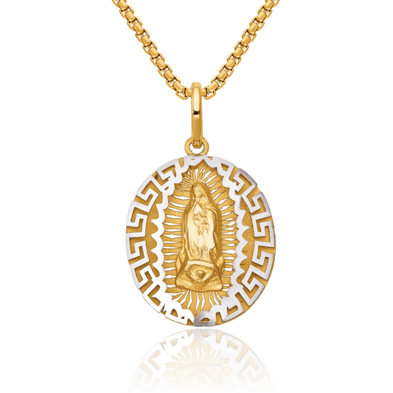 14K Solid Two Tone Gold Our Lady of Guadalupe Virgin Mary Necklace Virgencita Maria Rosa Pendant Catholic Christian Holy Mother Medallion Charm with chain 18inch