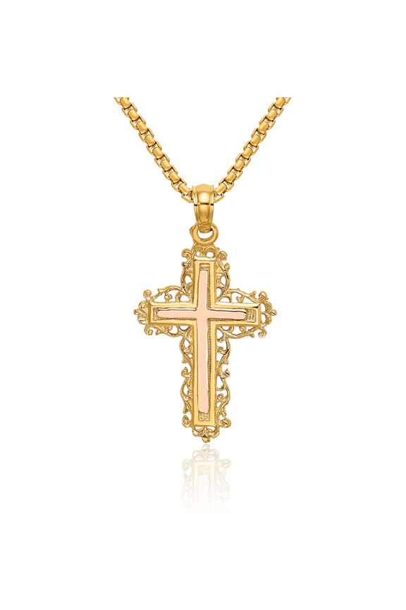 14K Solid Two Tone Gold Latin Mexican Holy Cross Necklace Religious Chain Pendant Jesus Christ Charm