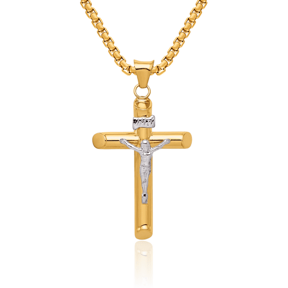 14K Solid Two Tone Gold Lord Jesus Christ Crucifix Holy Cross Necklace Religious Chain Pendant Charm with chain 24inch