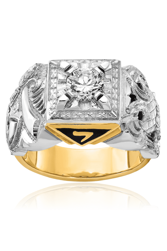 14K Solid Two Tone Gold 0.35 carat Black Diamond Extra Wide Masonic Shriners Statement Signet Ring - 15.1mm Band - Round Cut, Natural, Prong Set
