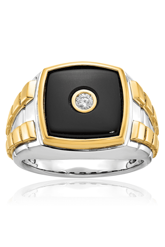 14K Solid Two Tone Gold 0.10 carat Black Onyx Diamond Extra Wide Signet Ring - 12.62mm Band - Prong Set Men's