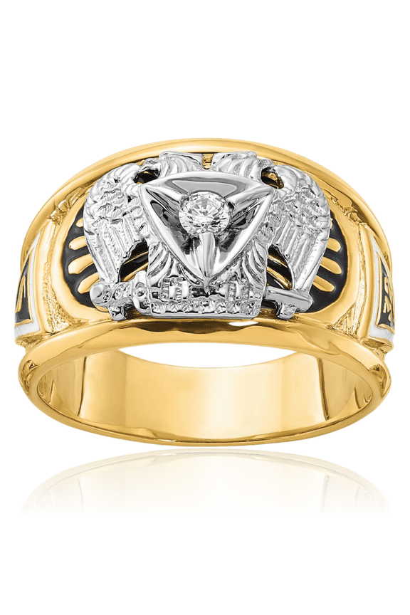 14K Solid Two Tone Gold 0.10 carat Diamond Extra Wide Scottish Rite Masonic Statement Signet Ring - 13.8mm Band - Round Cut, Natural, Prong Set
