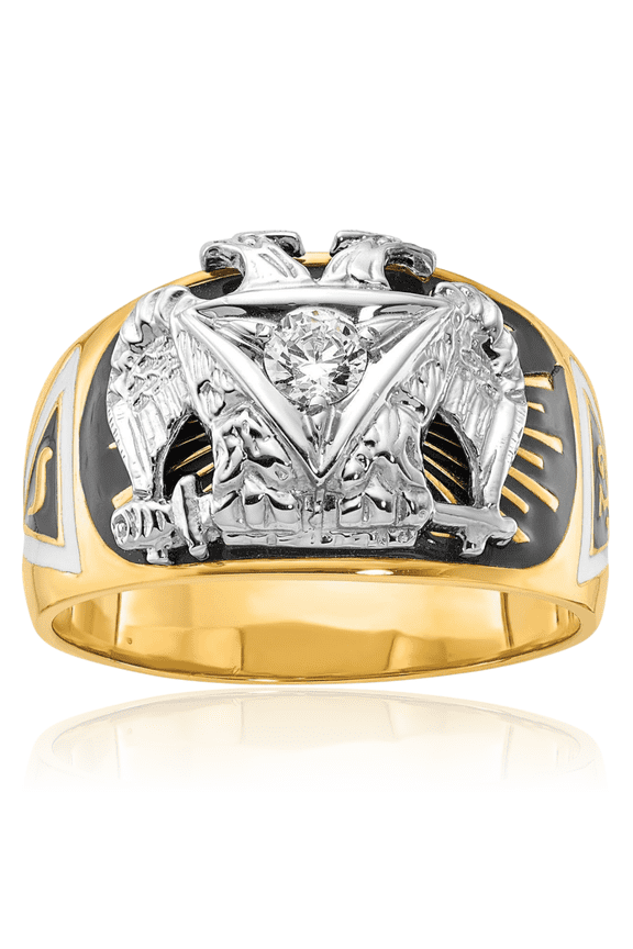 14K Solid Two Tone Gold 0.20 carat Diamond Extra Wide 32nd Degree Scottish Rite Masonic Statement Signet Ring - 13.3mm Band - Round Cut, Natural