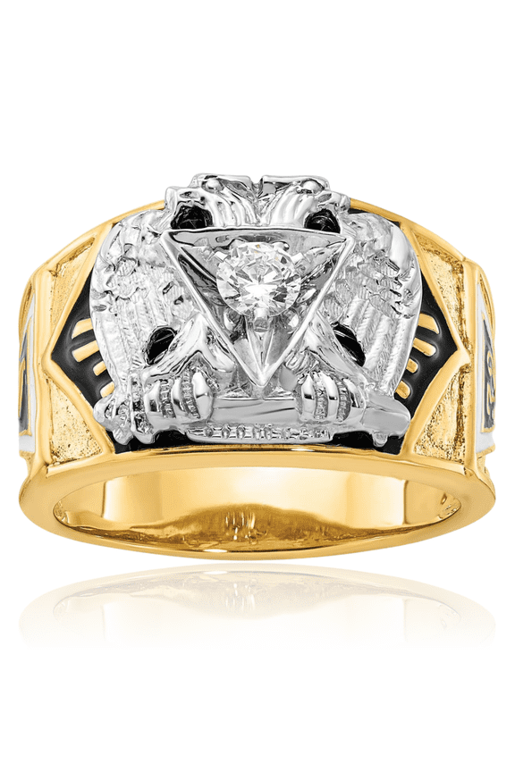 14K Solid Two Tone Gold 0.25 carat Diamond Extra Wide 32nd Degree Scottish Rite Masonic Statement Signet Ring - 14.6mm Band - Round Cut, Natural
