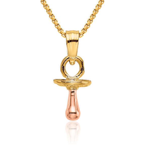 14K Solid Two Tone Gold Rose Pink Pacifier Necklace Chain Pendant Charm