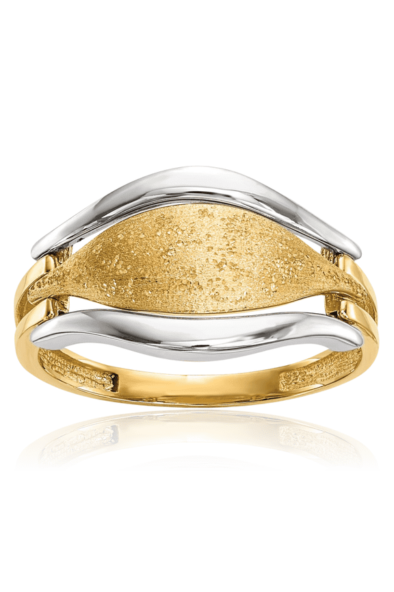 14K Solid Two Tone Gold Statement Fashion Ring - 2mm Slim Band - Polished, Textured - Matte Women's