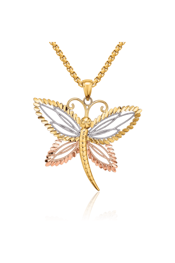 14K Solid Two Tone Gold White Dragonfly Beaded Wings Necklace Chain Pendant Charm