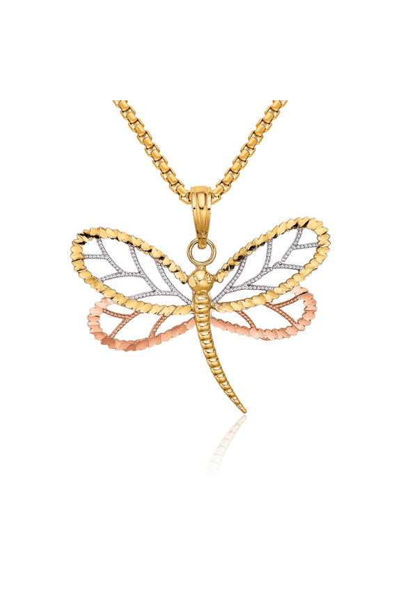 14K Solid Two Tone Gold White Dragonfly Beaded Wings Necklace Chain Pendant Charm
