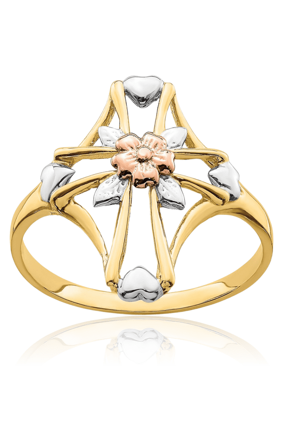 14K Solid Two Tone Gold White Holy Cross Flower Ring Christian Religious Band