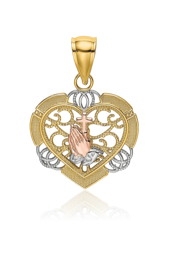 14K Solid Two Tone Gold Filigree Medium Praying Hands Cross Heart Pendant Necklace - 25.7mm 1 inch - Polished, Textured Women's