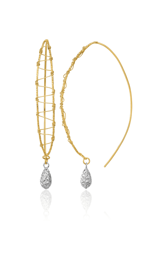 14K Solid Two Tone Gold Wire Wrapped Drop Dangle Earrings