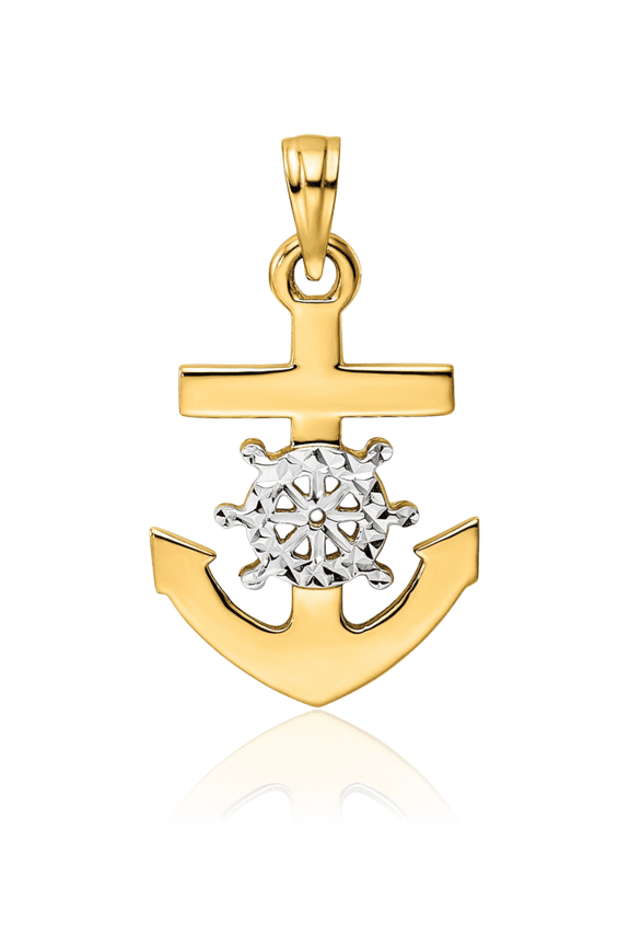 14K Solid Two Tone Gold Large Anchor Mariner Ship Wheel Pendant Necklace - 26.27mm 1 inch - Diamond Cut Women's