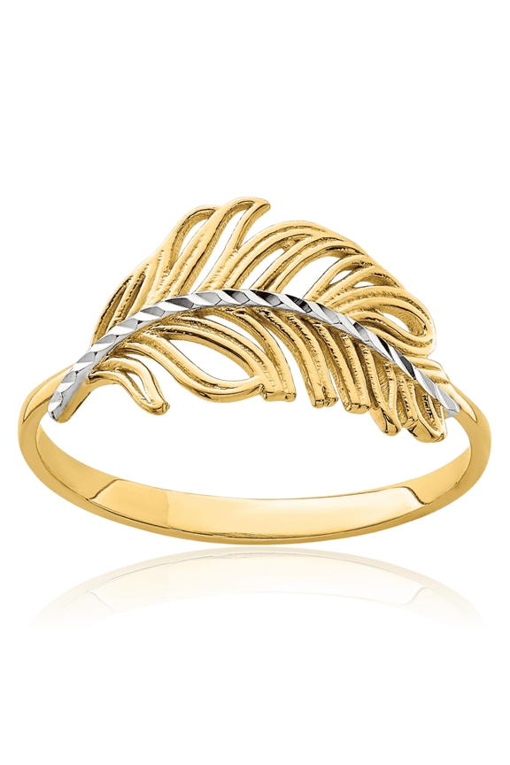 14K Solid Two Tone Yellow White Gold Feather Ring