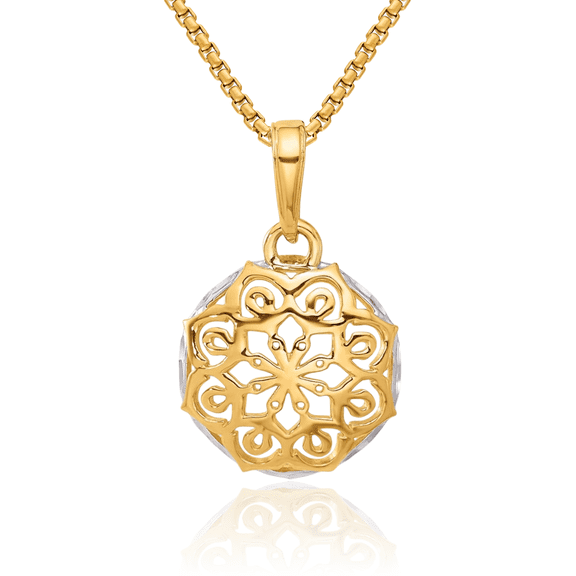 14K Solid Two Tone Yellow White Gold Flower Circle Round Necklace Chain Pendant Charm