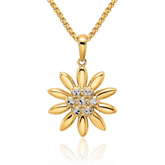 14K Solid Two Tone Yellow White Gold Flower Necklace Chain Pendant Charm