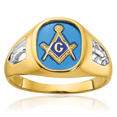 thumbnail image 1 of 14K Solid Two Tone Yellow White Gold Mens Lab Blue Sapphire Lodge Master Mason Signet Freemason Masonic Ring, 1 of 12